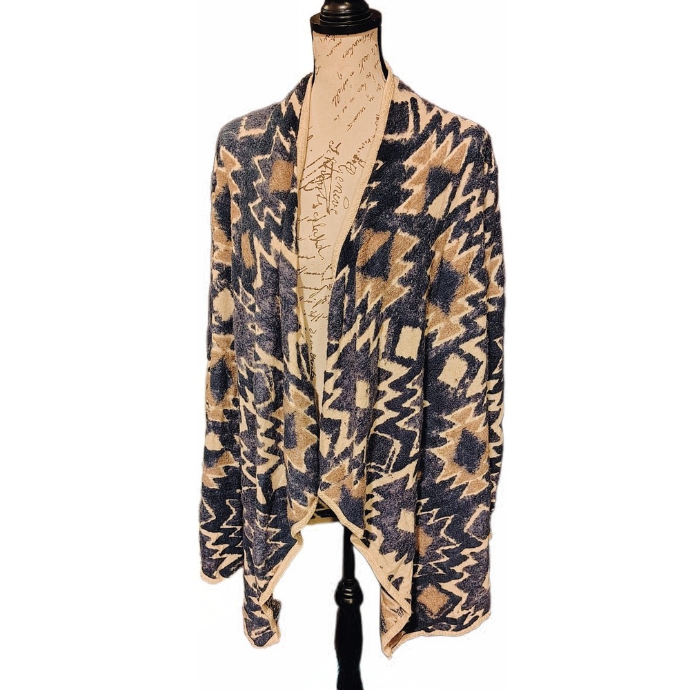 Lucky Brand Womens Blue Tan Geometric Southwestern Open Front Cardigan Medium
